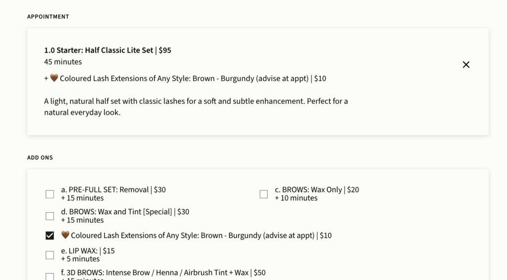 Brown Lash extensions appointment and add-on options.