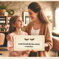 Mother and daughter with beauty voucher in salon.